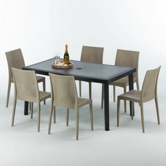 Grand Soleil - Table rectangulaire et 6 chaises Poly rotin colorées 150x90cm noir Enjoy | Bistrot Beige Juta 7640179382793 S7050SETA6SBIJ