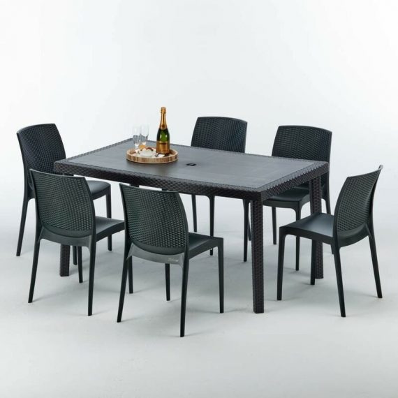 Table rectangulaire et 6 chaises Poly rotin colorées 150x90cm noir Enjoy | Boheme Anthracite noir 7640179382731 S7050SETA6SBY