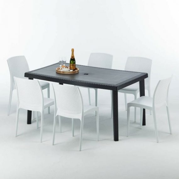 Table rectangulaire et 6 chaises Poly rotin colorées 150x90cm noir Enjoy | Boheme Blanc 7640179382755 S7050SETA6SBB