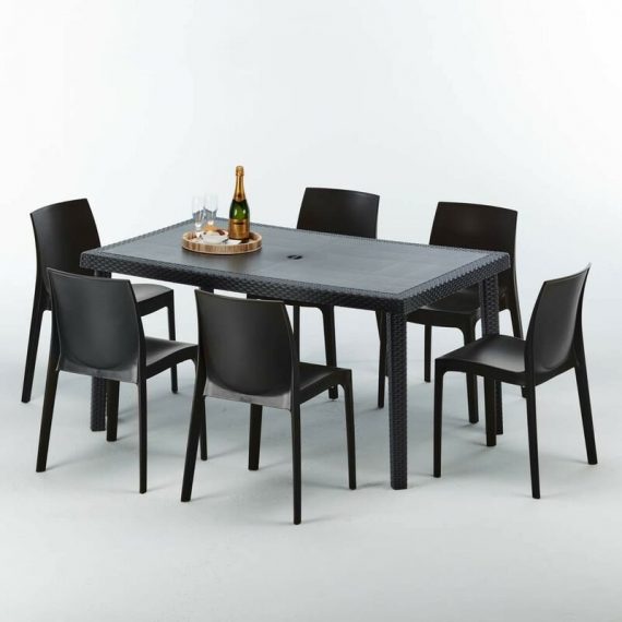 Table rectangulaire et 6 chaises Poly rotin colorées 150x90cm noir Enjoy | Rome Anthracite noir 7640179382724 S7050SETA6RY