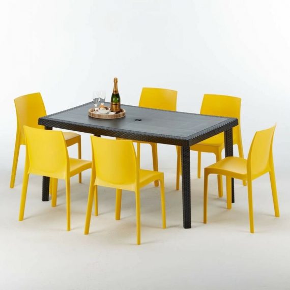 Table rectangulaire et 6 chaises Poly rotin colorées 150x90cm noir Enjoy | Rome jaune 7640179382700 S7050SETA6RGB