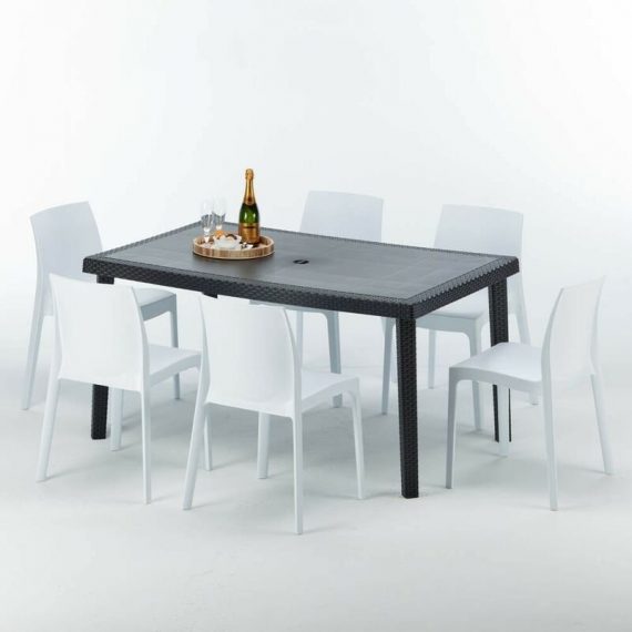 Grand Soleil - Table rectangulaire et 6 chaises Poly rotin colorées 150x90cm noir Enjoy | Rome Blanc 7640179382663 S7050SETA6RB