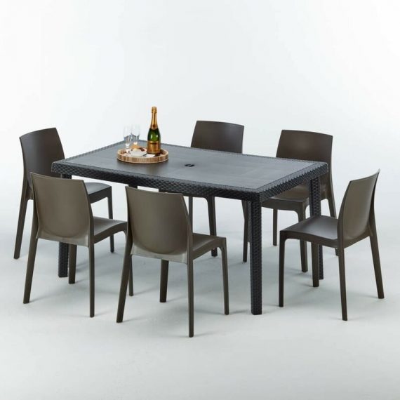 Grand Soleil - Table rectangulaire et 6 chaises Poly rotin colorées 150x90cm noir Enjoy | Rome Marron Moka 7640179382694 S7050SETA6RMK