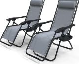 Lot de 2 Chaise longue inclinable en textilene avec porte gobelet et portable gris 8431252021406 4482079522839