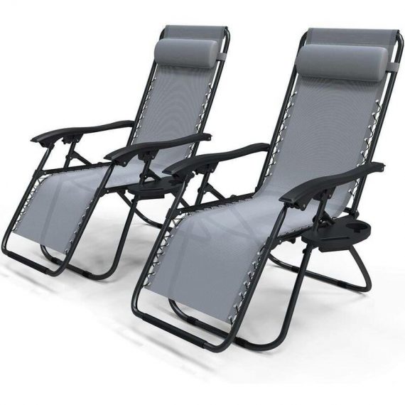 Lot de 2 Chaise longue inclinable en textilene avec porte gobelet et portable gris 8431252021406 4482079522839