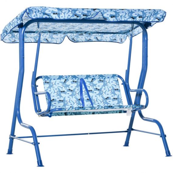 Balancelle de jardin 2 places pour enfants ceintures sécurité réglables accoudoirs pare-soleil inclinable motif requin bleu - Bleu 3662970079294 312-026
