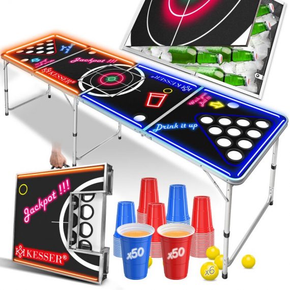 ® Set de table Beer Pong avec action LED - avec 100 gobelets (50 rouges et 50 bleus), 6 balles + jeu de règles jeux de société table de jeu à boire 4260729114624 NEW-18636