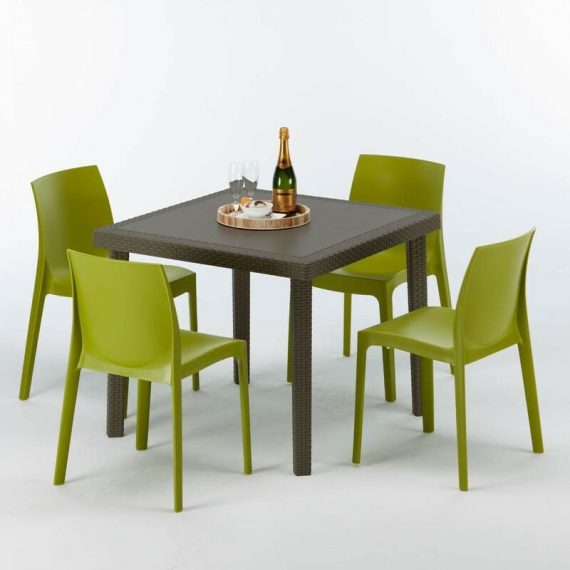 Grand Soleil - Table carrée et 4 chaises colorées Poly-rotin résine 90x90 marron | Rome Anis vert 7640179382427 S7090SETMK4RVA
