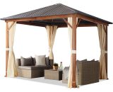 Tonnelle de jardin 3x3 m design en optique bois toit en acier 4 parois latérales, champagne - champagne 4064108056266 300182