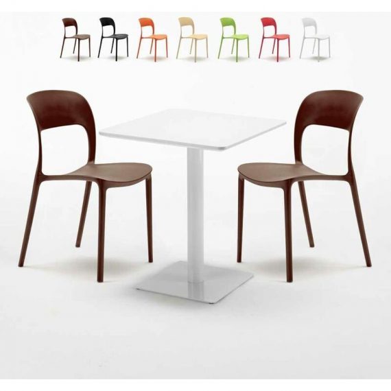 Table carrée 60x60 blanche avec 2 chaises colorées Restaurant Lemon | Couleur: Marron 7640179397971 SET2SHO60BBRESM