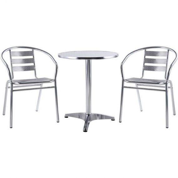 Salle à manger de jardin en aluminium : une petite table ronde et 2 chaises - MONTMARTRE - Argenté 3666471010985 64211