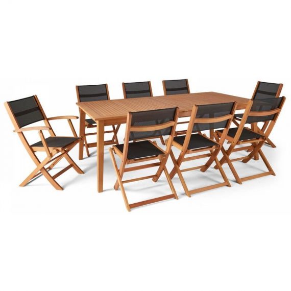 Table de jardin en bois extensible (200/250 cm) + 2 fauteuils et 6 chaises Martigues - Noir 3663095009043 103009