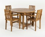 Ensemble de jardin en bois de teck | Table ronde extensible 120/180 cm et 4 fauteuils empilables | Bois de teck de catégorie A | 7427116034225 NM12848C39