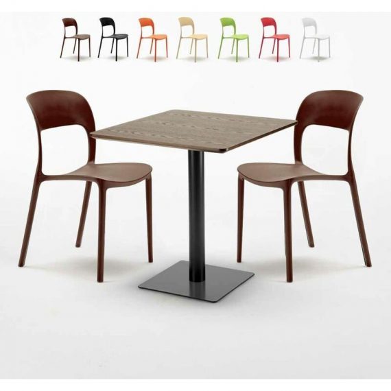 Table carrée 60x60 pied noir et plateau bois avec 2 chaises colorées Restaurant Kiss | Couleur: Marron 7640179397629 SET2SHO60LNRESM