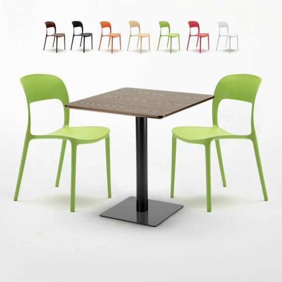 Table carrée 60x60 pied noir et plateau bois avec 2 chaises colorées Restaurant Kiss | Couleur: Vert 7640179397612 SET2SHO60LNRESV