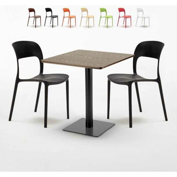 Ahd Amazing Home Design - Table carrée 60x60 pied noir et plateau bois avec 2 chaises colorées Restaurant Kiss | Couleur: Noir 7640179397599 SET2SHO60LNRESN