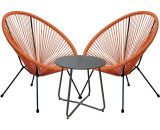 Ensemble de table basse ronde et de 2 fauteuils de jardin empilables Acapulco, couleur orange, en acier et rotin PE. 8445115404244 140424