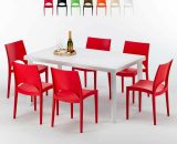 Table Rectangulaire Blanche 150x90cm Avec 6 Chaises Colorées Grand Soleil Set Extérieur Bar Café Paris Summerlife | Rouge 7640179382892 S7050SETB6PR
