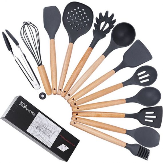 Ensemble de 12 ustensiles de cuisine en silicone avec manche en bois et spatule antiadhésive avec ustensiles de cuisine - Hanbing 9003968922026 AMY-AZY00024