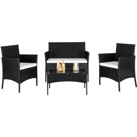 Ensemble de canapés en rotin, 2 fauteuils, 1 siège d'amour et table basse en verre trempé, noir  G56000241