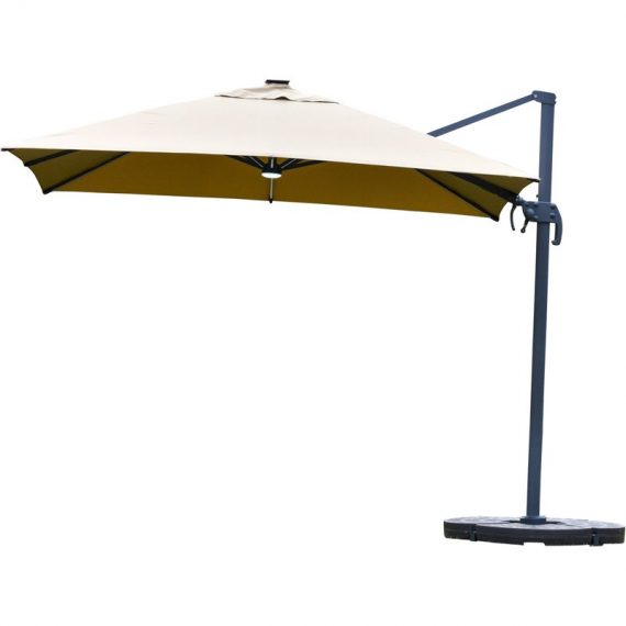 Outsunny Parasol déporté carré inclinable pivotant 3 x 3 x 2,66 m manivelle parasol LED solaire polyester très haute densité 250 g/m² kaki 84D-111 3662970079171