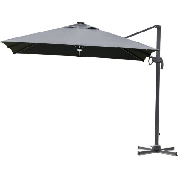Outsunny Parasol déporté carré inclinable pivotant 3 x 3 x 2,66 m manivelle parasol LED solaire polyester très haute densité 250 g/m² gris foncé 84D-111CG 3662970079195